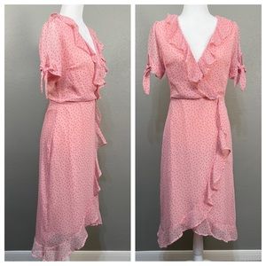 Lulu’s Pink Polka dot Flirty Ruffle Wrap Dress Retro 40s 50s style zipper small